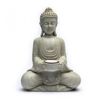 Meditation Buddha – steingrau – mit Teelichthalter -